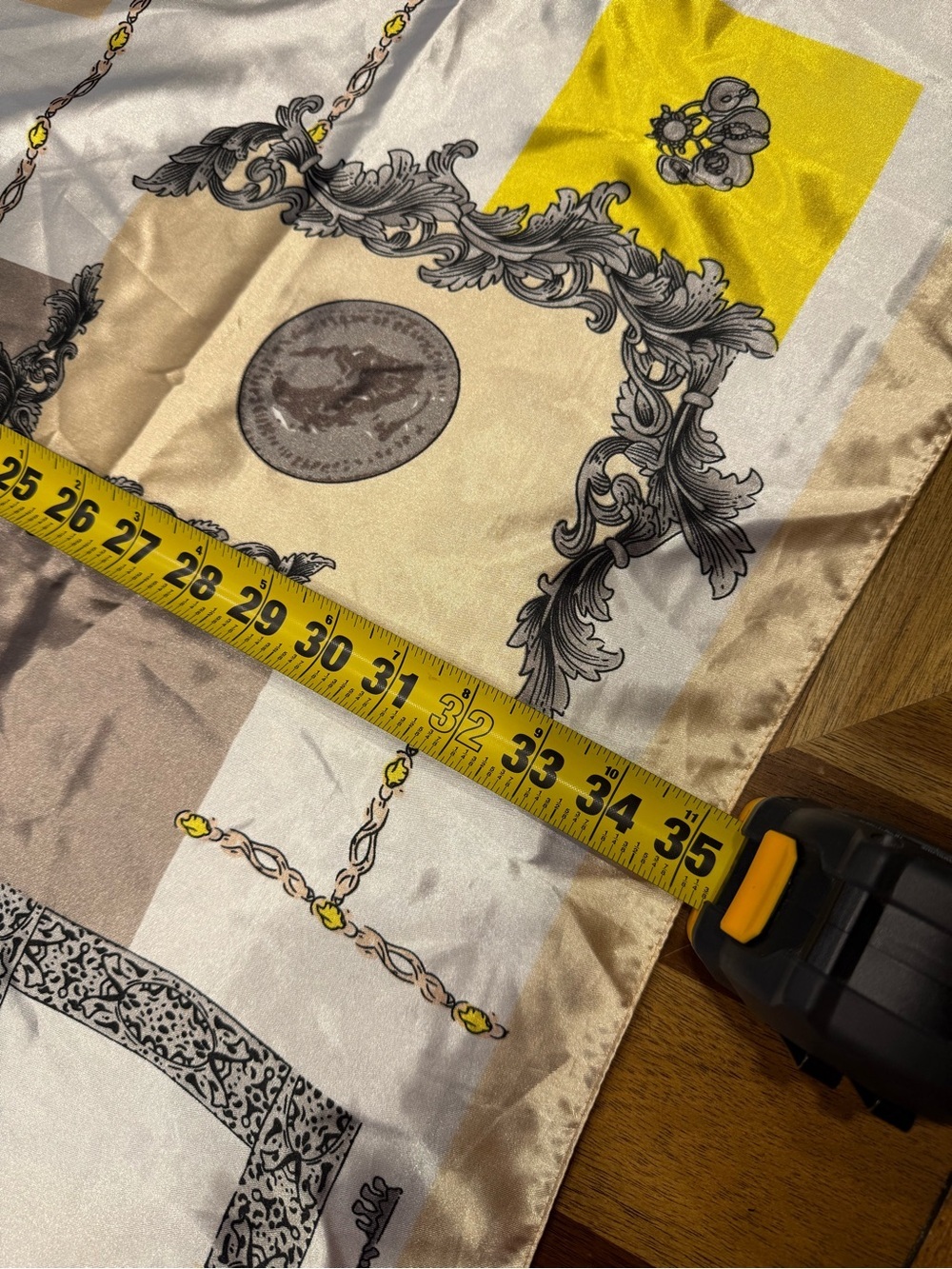 Silky Square Scarf with Yellow, Beige and Gray Geometric Print silk feeling poly - Picture 7 of 8